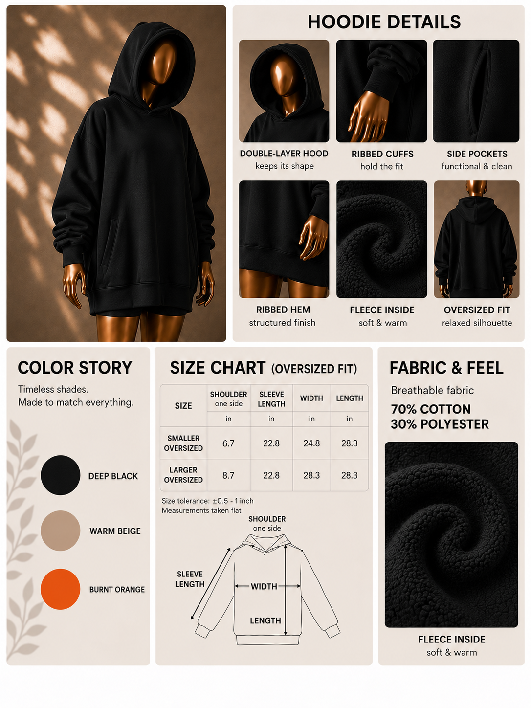 🖤 Oversized Hoodie (Fleece-Lined) · Black