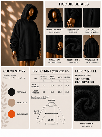 🖤 Oversized Hoodie (Fleece-Lined) · Black