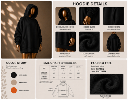 🖤 Oversized Hoodie (Fleece-Lined) · Black